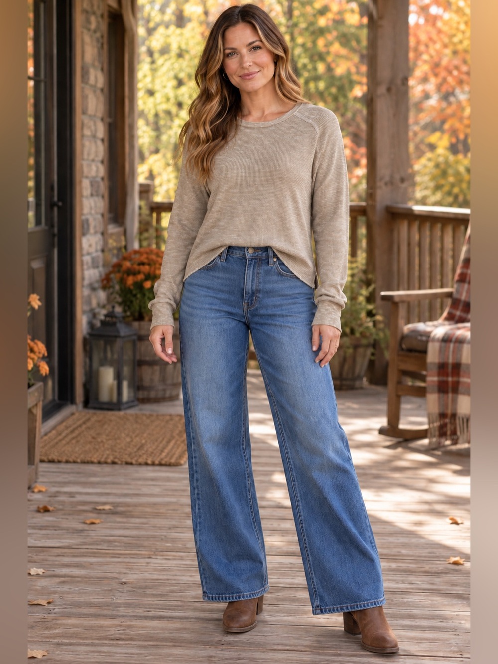 BKE Taupe Oatmeal Waffle Knit Thermal Long Sleeve Top Large